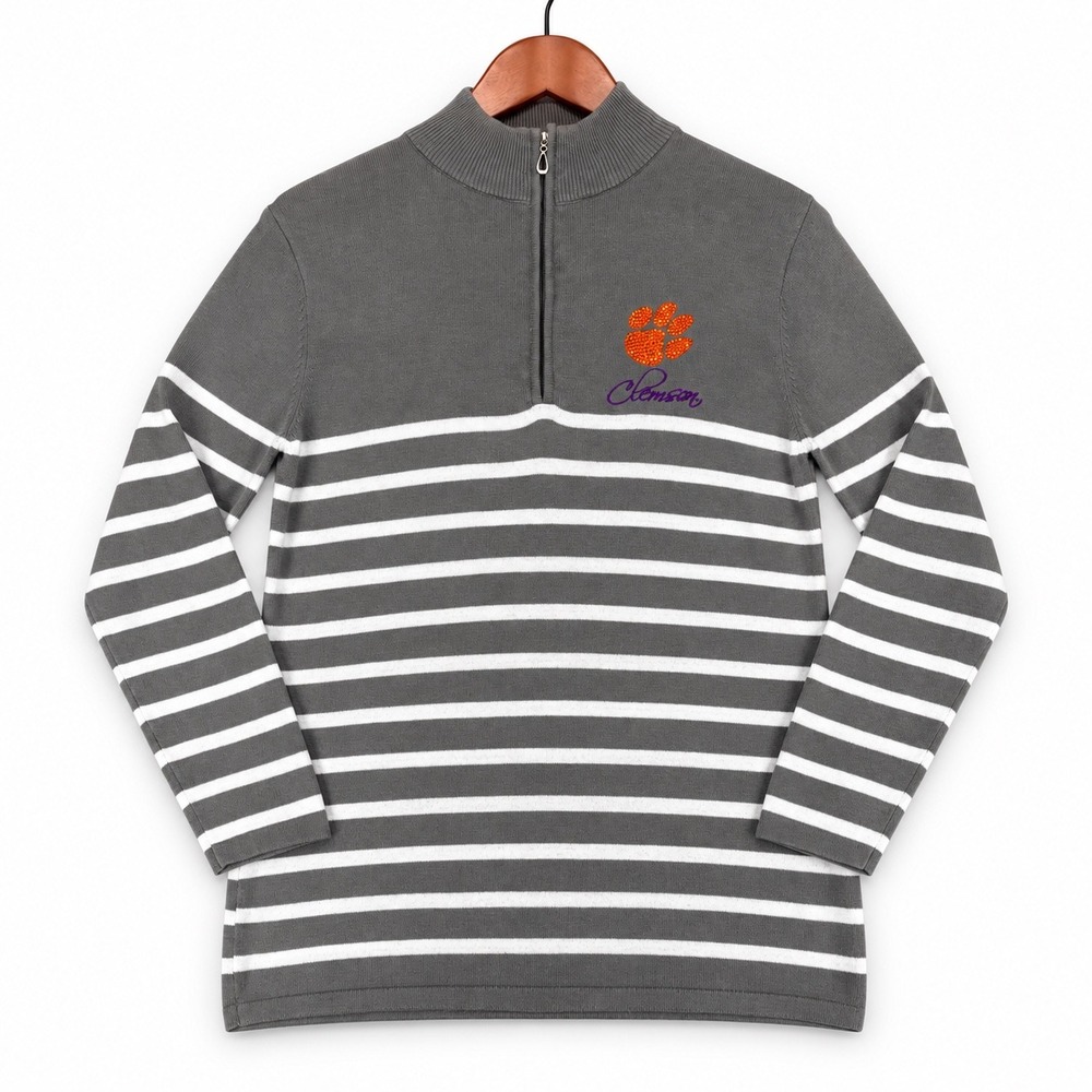 Gameday Couture Clemson Sweater Women Large Grey Striped Rhinestone Quarter Zip